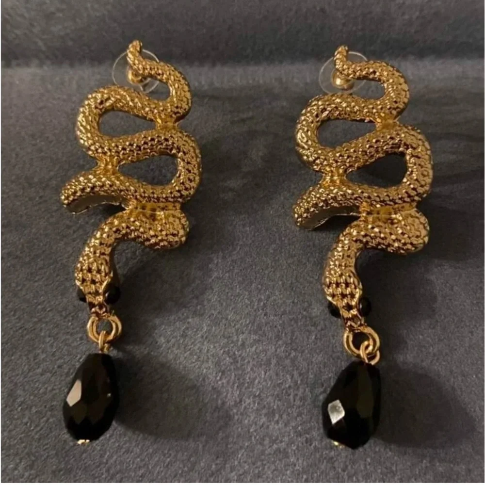 Goldtone Snake Charm Black Gemstone Dangle Earrings